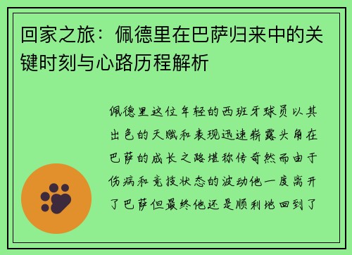 回家之旅：佩德里在巴萨归来中的关键时刻与心路历程解析